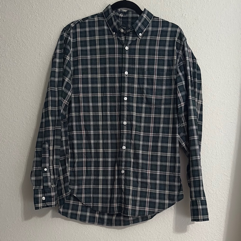 J. Crew Men’s Green and White Plaid Heathered Cotton Button Down Shirt